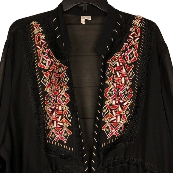 Cato | Black Embroidered Bead Adjustable Tassel Waist Kimono Sheer Tunic Top XS - Picture 10 of 17